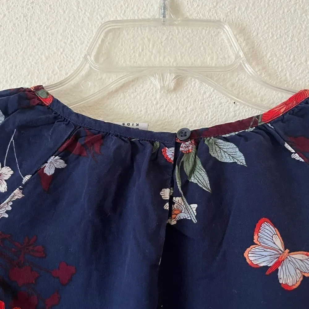 Gap Kids Girls Navy Boho Floral Blouse Balloon Sleeve Round Neck size S(6-7)